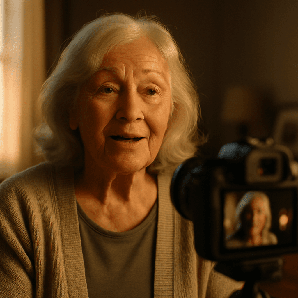 Elderly woman recording a warm video message at golden hour