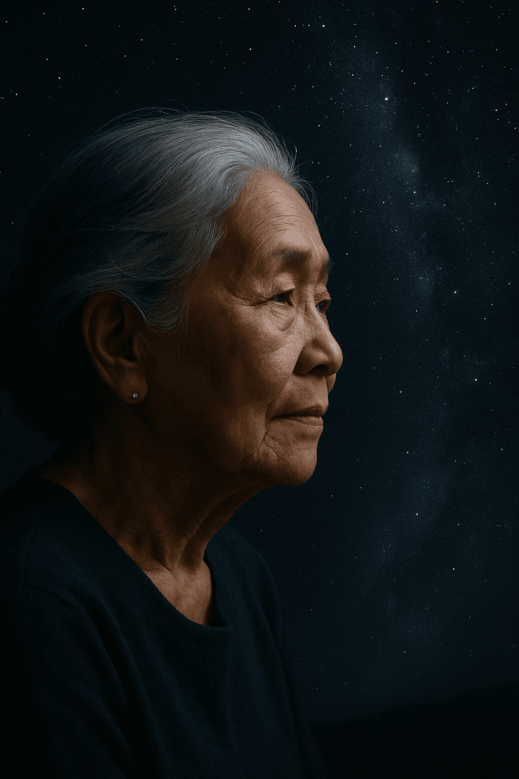 Elderly woman under stars